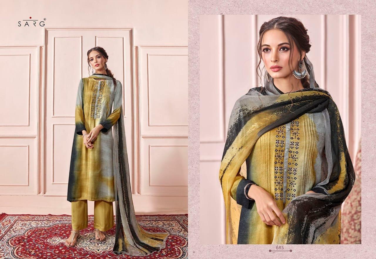 Sarg Presents Rhythm Pashmina Digital Print With Embroidery Work Suits Exporter