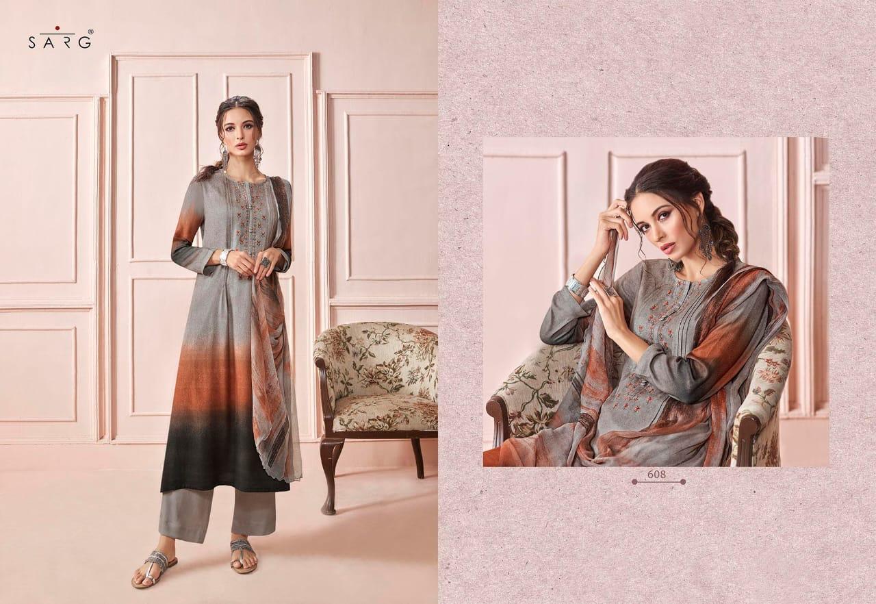 Sarg Presents Rhythm Pashmina Digital Print With Embroidery Work Suits Exporter
