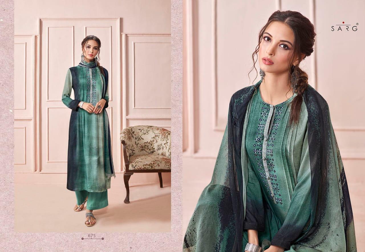 Sarg Presents Rhythm Pashmina Digital Print With Embroidery Work Suits Exporter