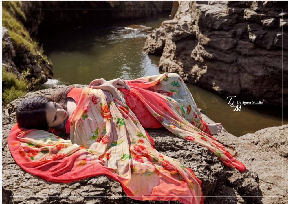 T And M Present Ek Vastra Vol 10 Georgette Digital Print With Border Saree Collection