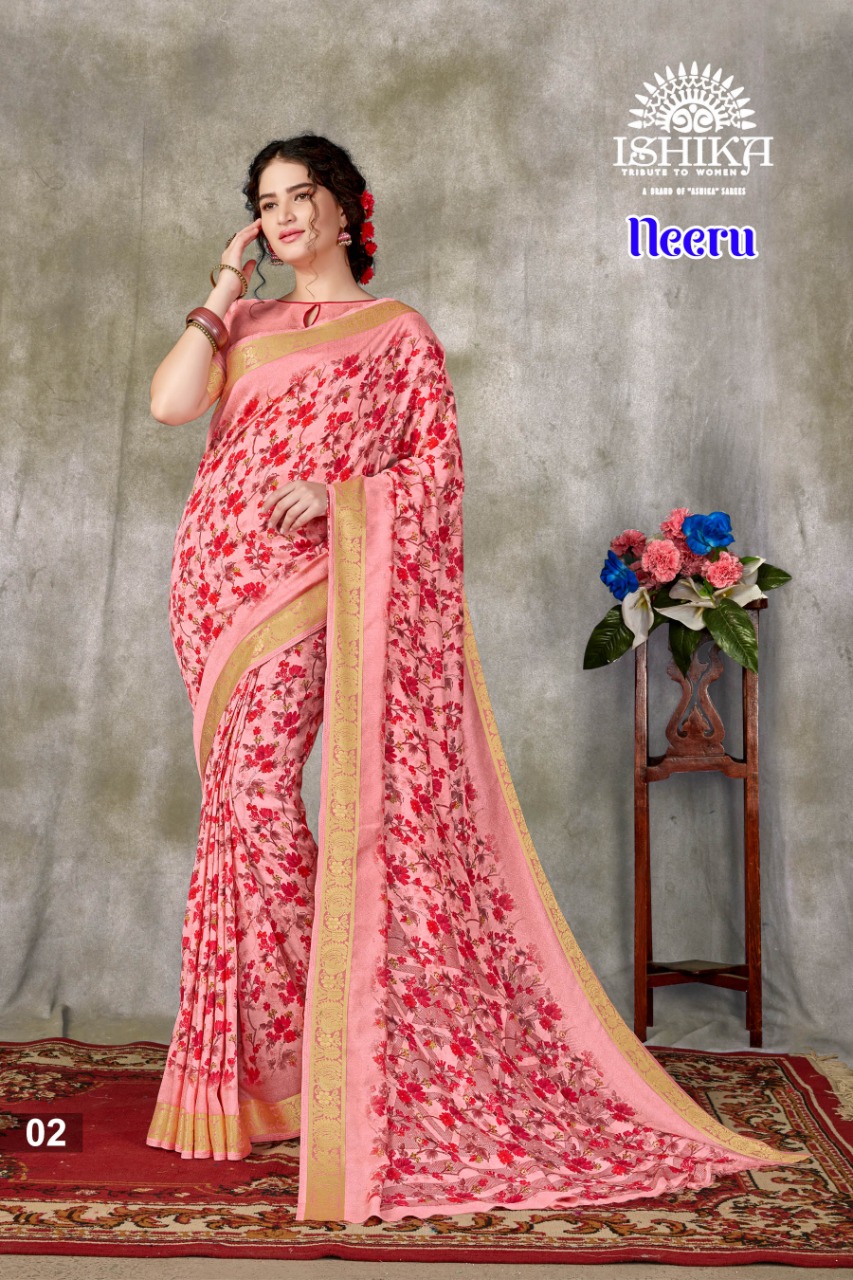 Ishika Saree Neeru Fancy Designer Print With Zari Border Saree Exporter