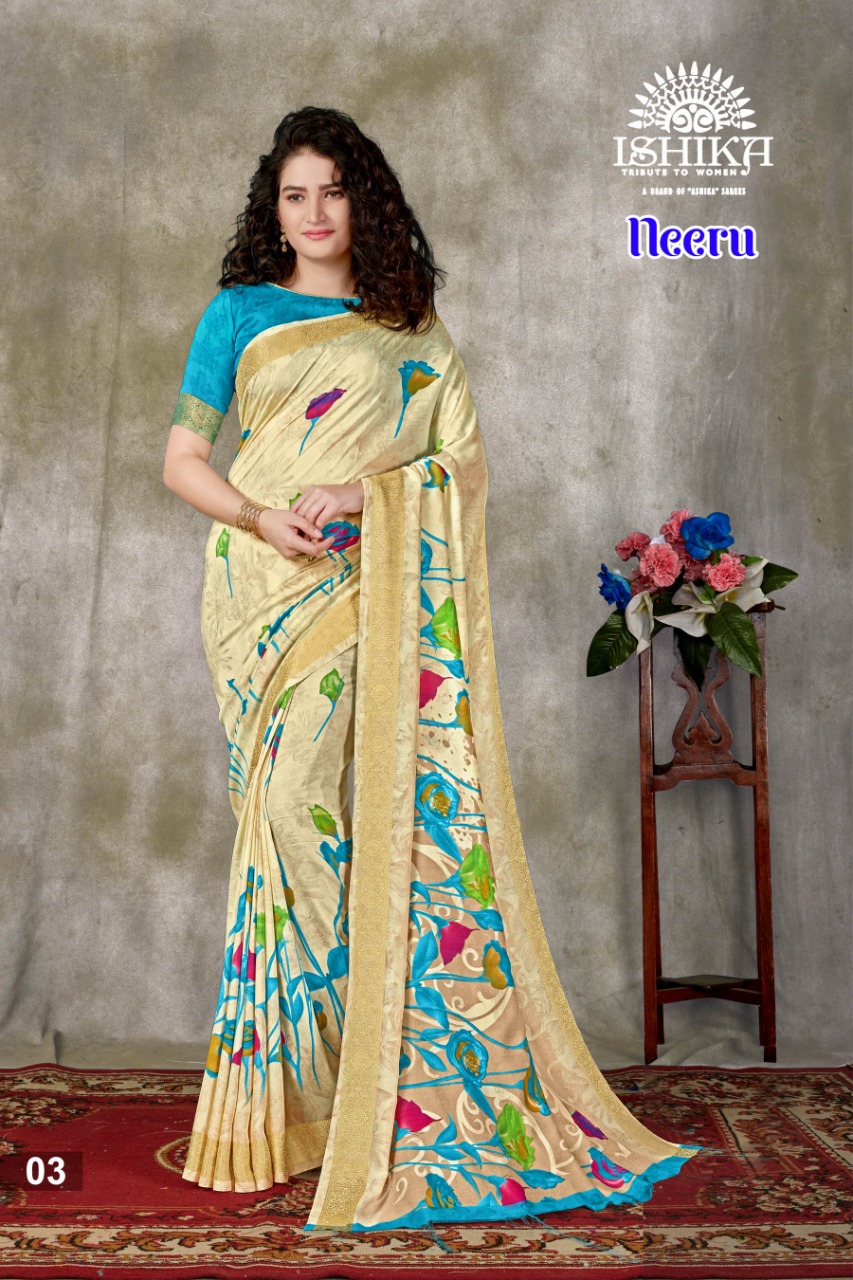 Ishika Saree Neeru Fancy Designer Print With Zari Border Saree Exporter