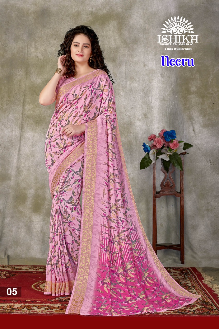 Ishika Saree Neeru Fancy Designer Print With Zari Border Saree Exporter