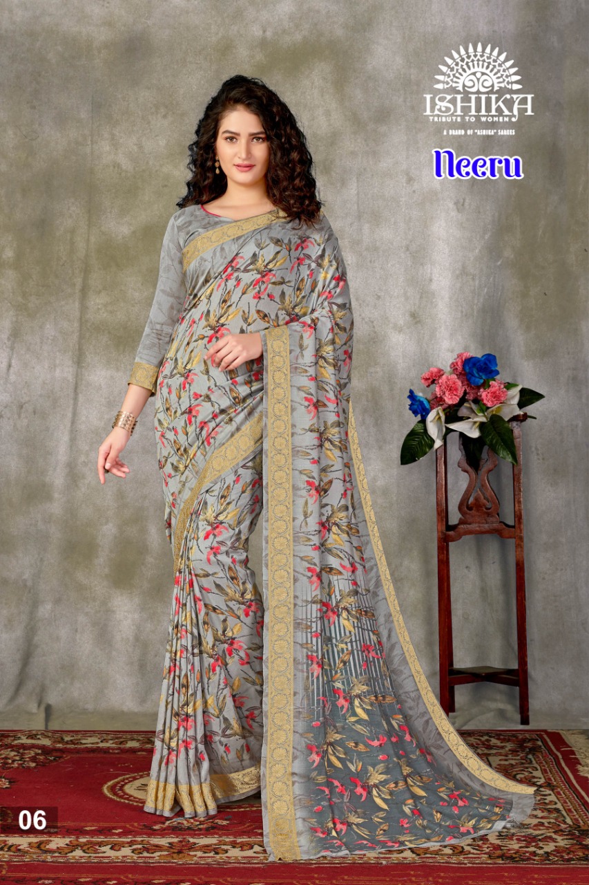 Ishika Saree Neeru Fancy Designer Print With Zari Border Saree Exporter