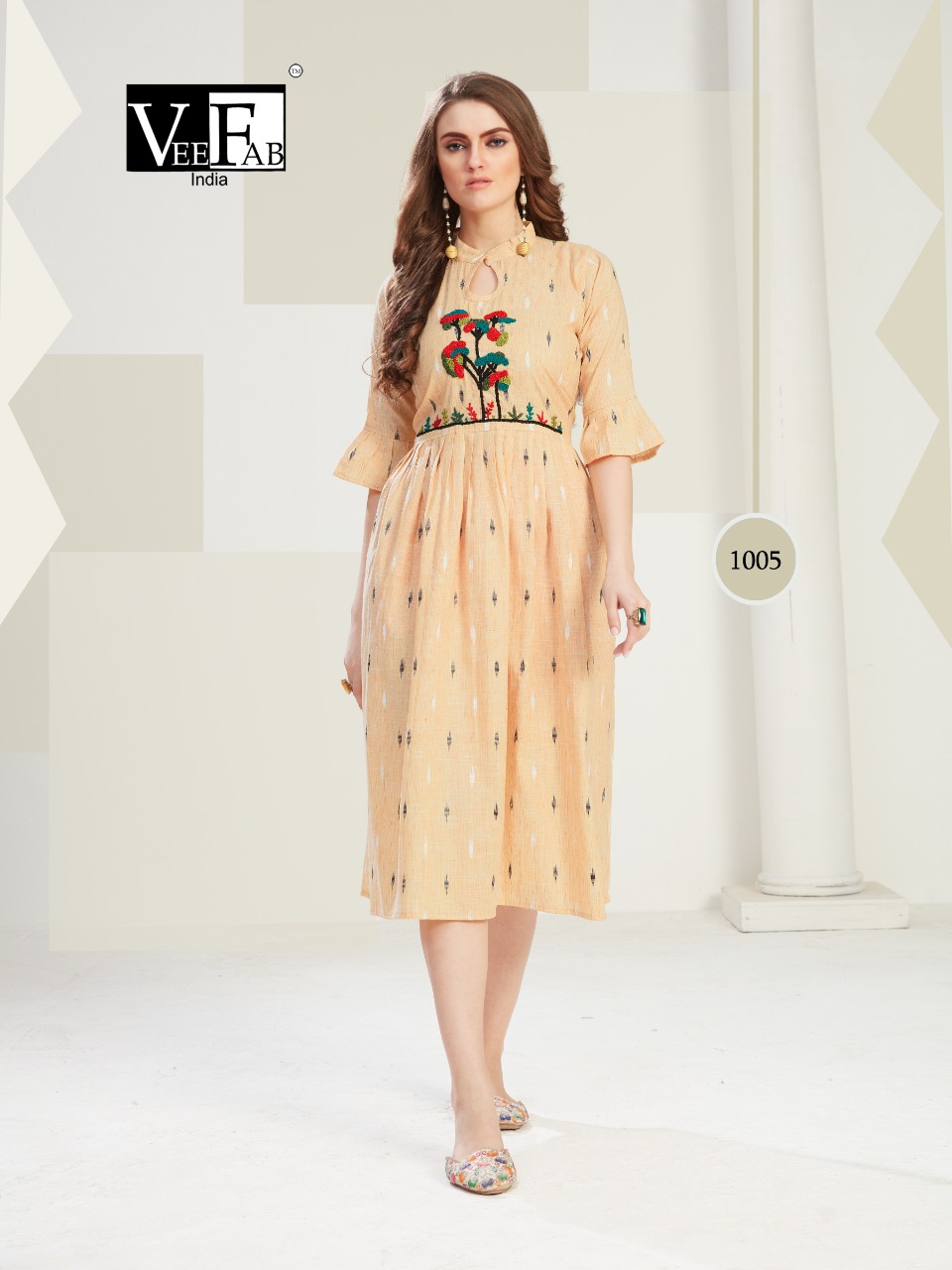 Vee Fab India Present Outlook Cotton Handwork Short Gown Style Kurti Wholesaler