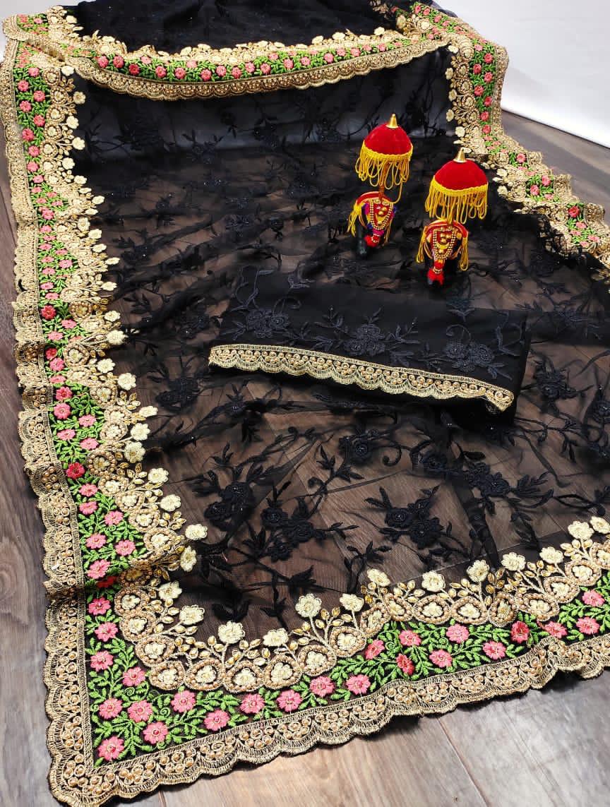 Diya Fashion Presents Df 4040 Soft Net Flower Embroidery Work With Diamond Border Classy Look Saree