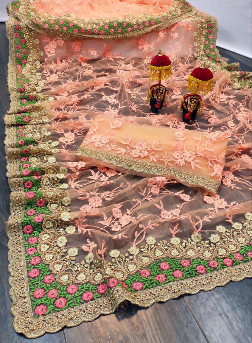 Diya Fashion Presents Df 4040 Soft Net Flower Embroidery Work With Diamond Border Classy Look Saree