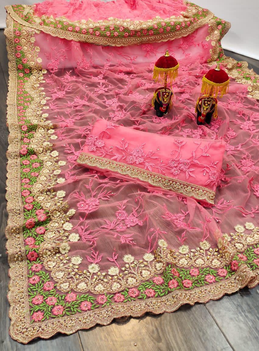 Diya Fashion Presents Df 4040 Soft Net Flower Embroidery Work With Diamond Border Classy Look Saree