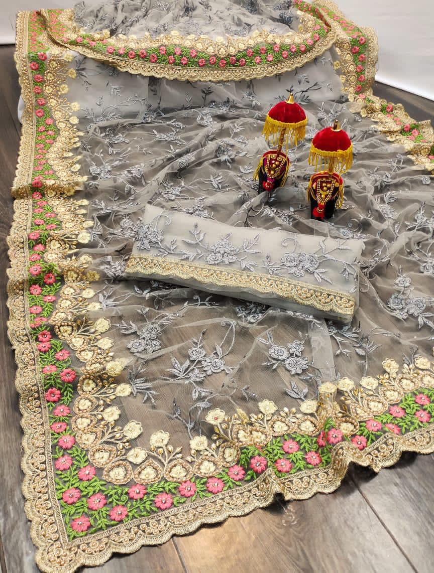 Diya Fashion Presents Df 4040 Soft Net Flower Embroidery Work With Diamond Border Classy Look Saree