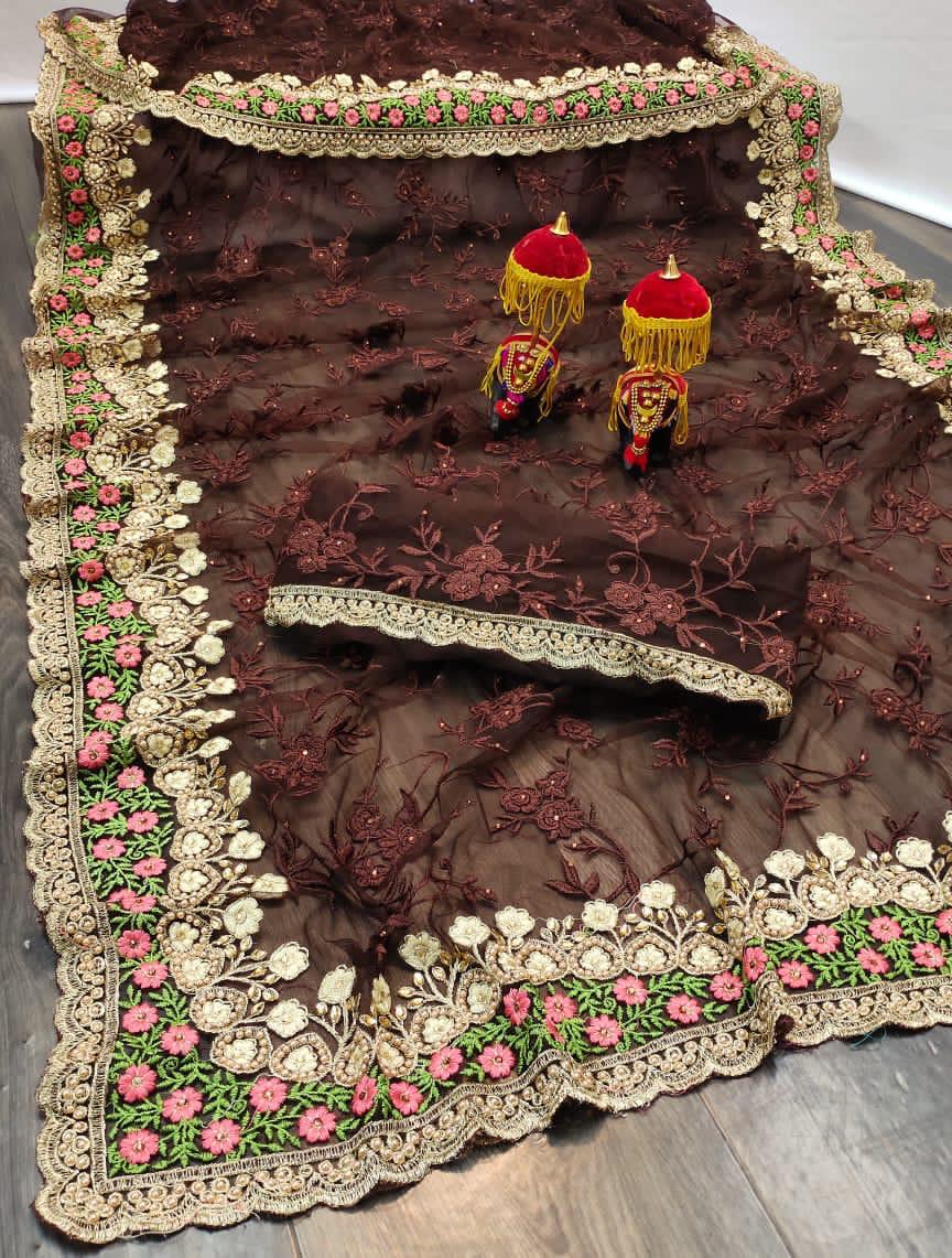 Diya Fashion Presents Df 4040 Soft Net Flower Embroidery Work With Diamond Border Classy Look Saree