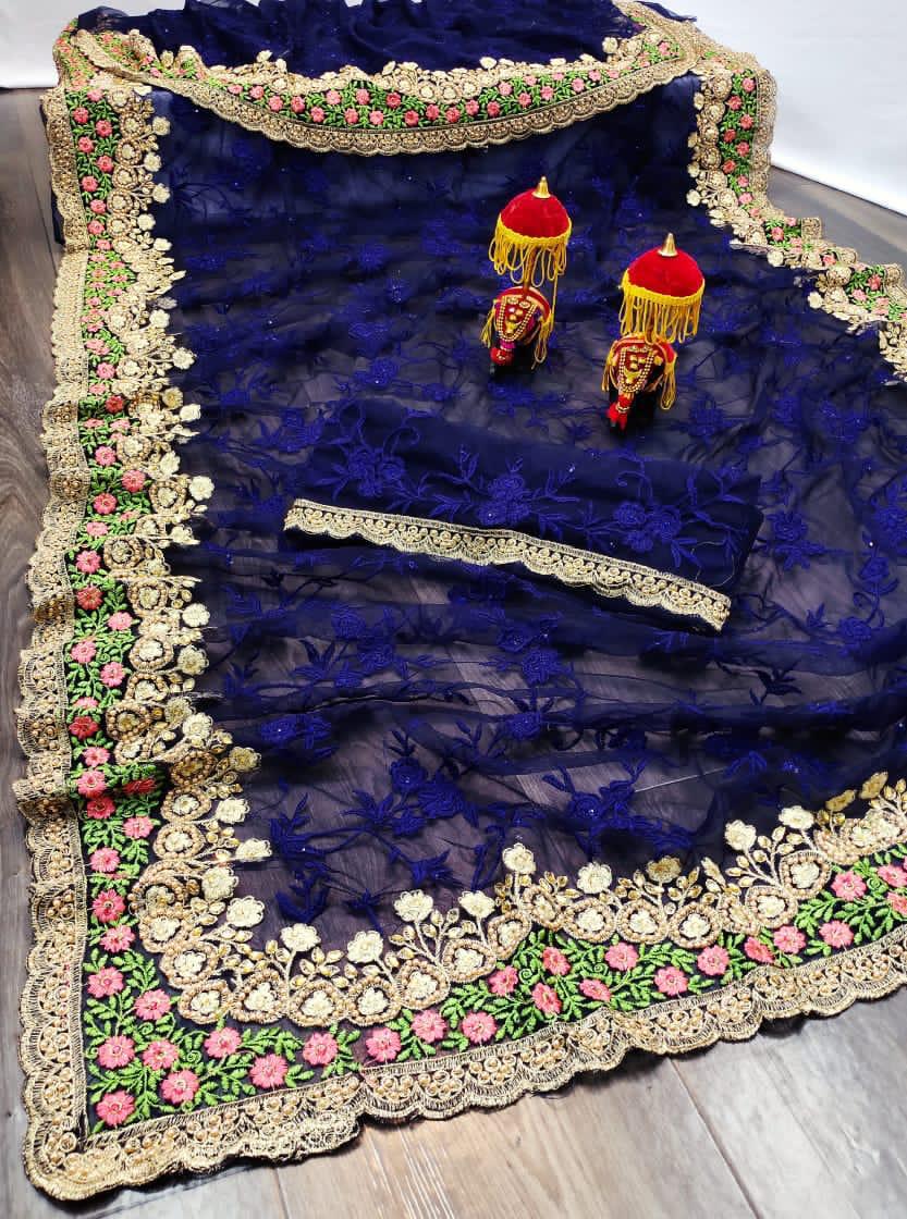 Diya Fashion Presents Df 4040 Soft Net Flower Embroidery Work With Diamond Border Classy Look Saree