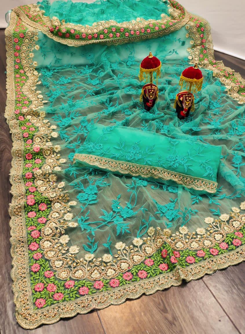 Diya Fashion Presents Df 4040 Soft Net Flower Embroidery Work With Diamond Border Classy Look Saree