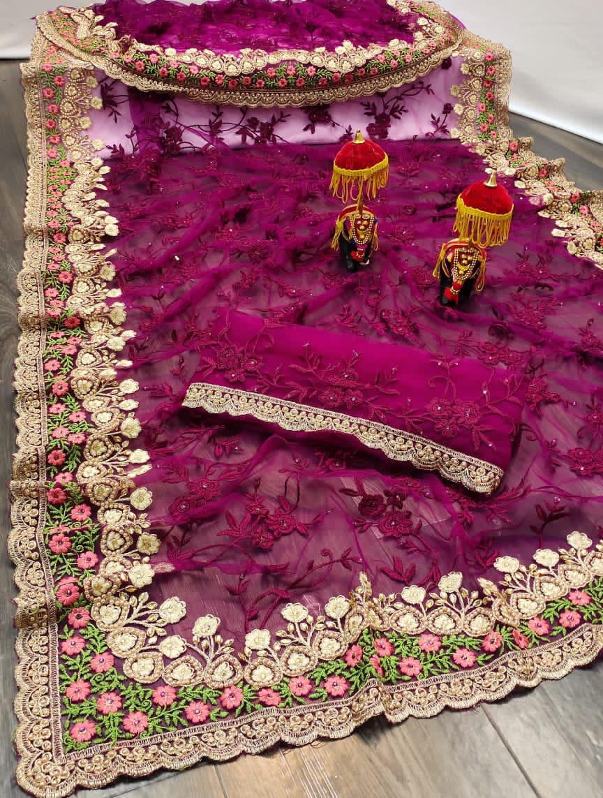 Diya Fashion Presents Df 4040 Soft Net Flower Embroidery Work With Diamond Border Classy Look Saree