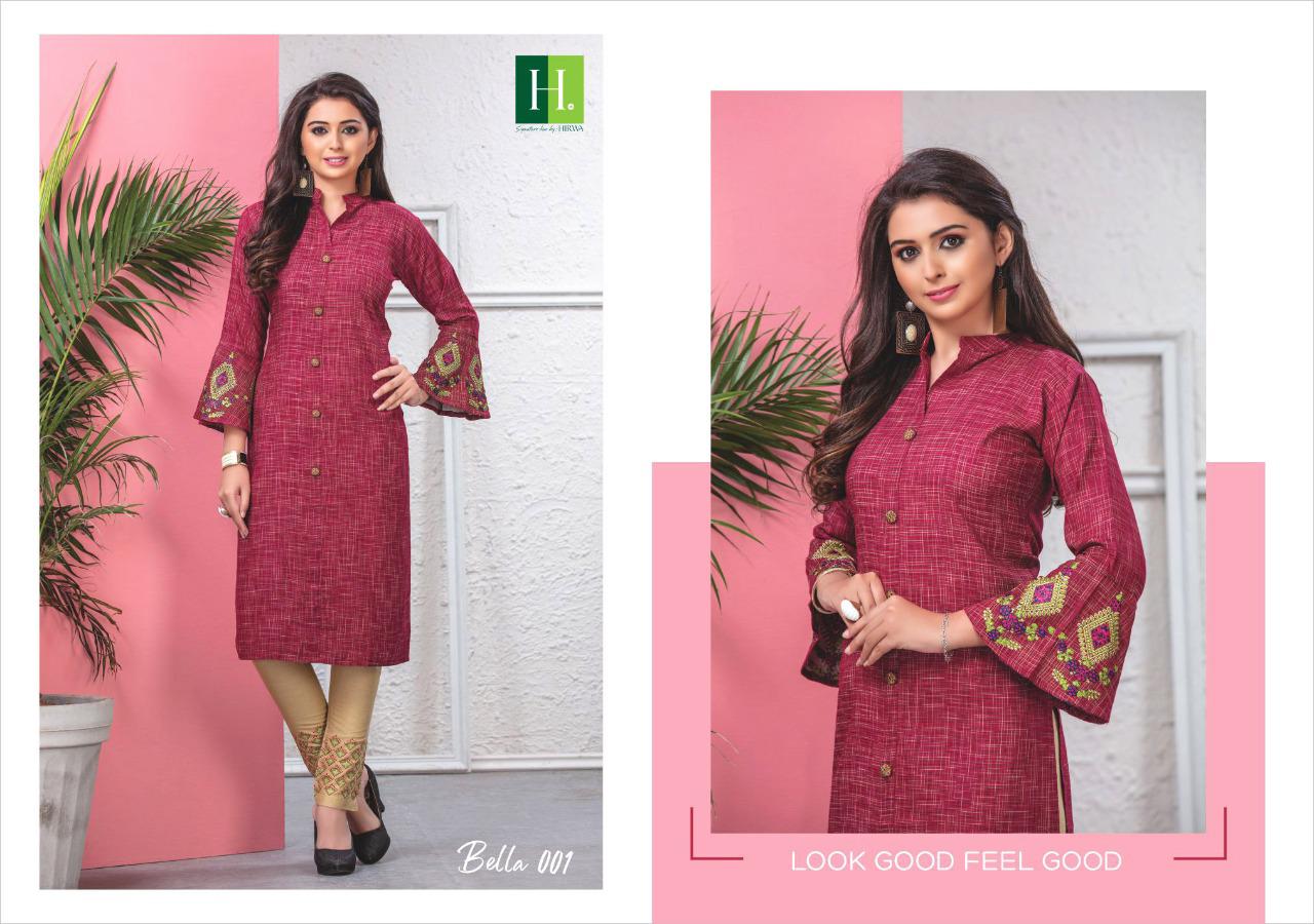 Hirwa Launching Bella Fancy Rayon With Embroidery Branded Kurti Trader