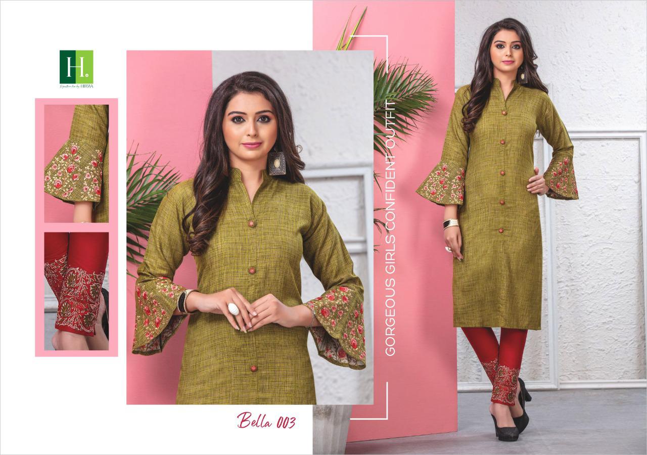 Hirwa Launching Bella Fancy Rayon With Embroidery Branded Kurti Trader