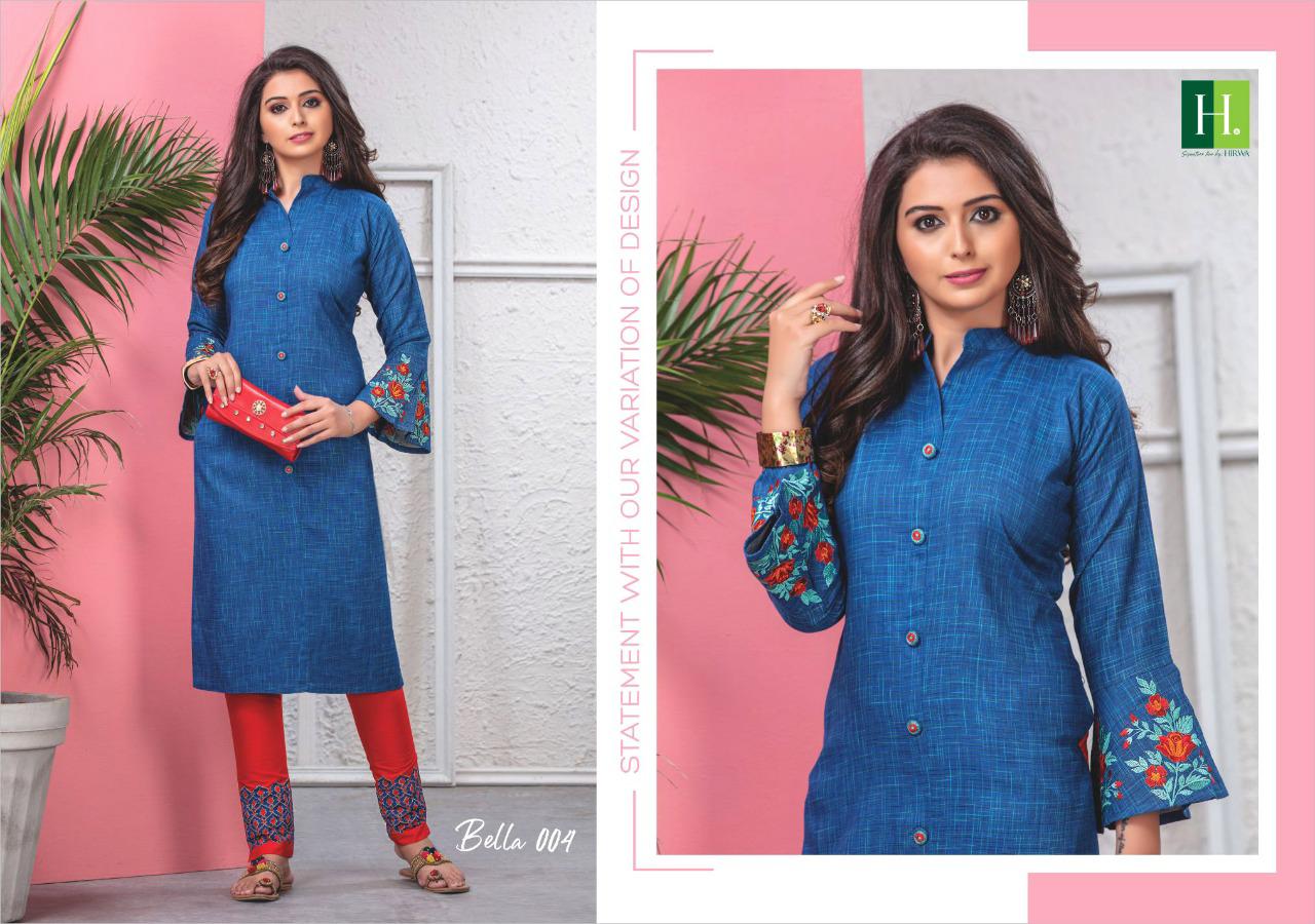 Hirwa Launching Bella Fancy Rayon With Embroidery Branded Kurti Trader
