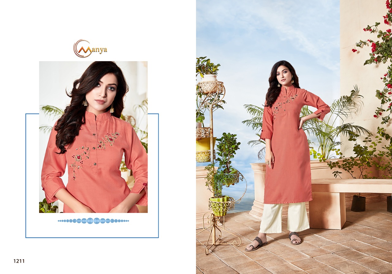 Manya Launch Classic Cotton Slubby Embroidery Work Kurti At Affordable Price