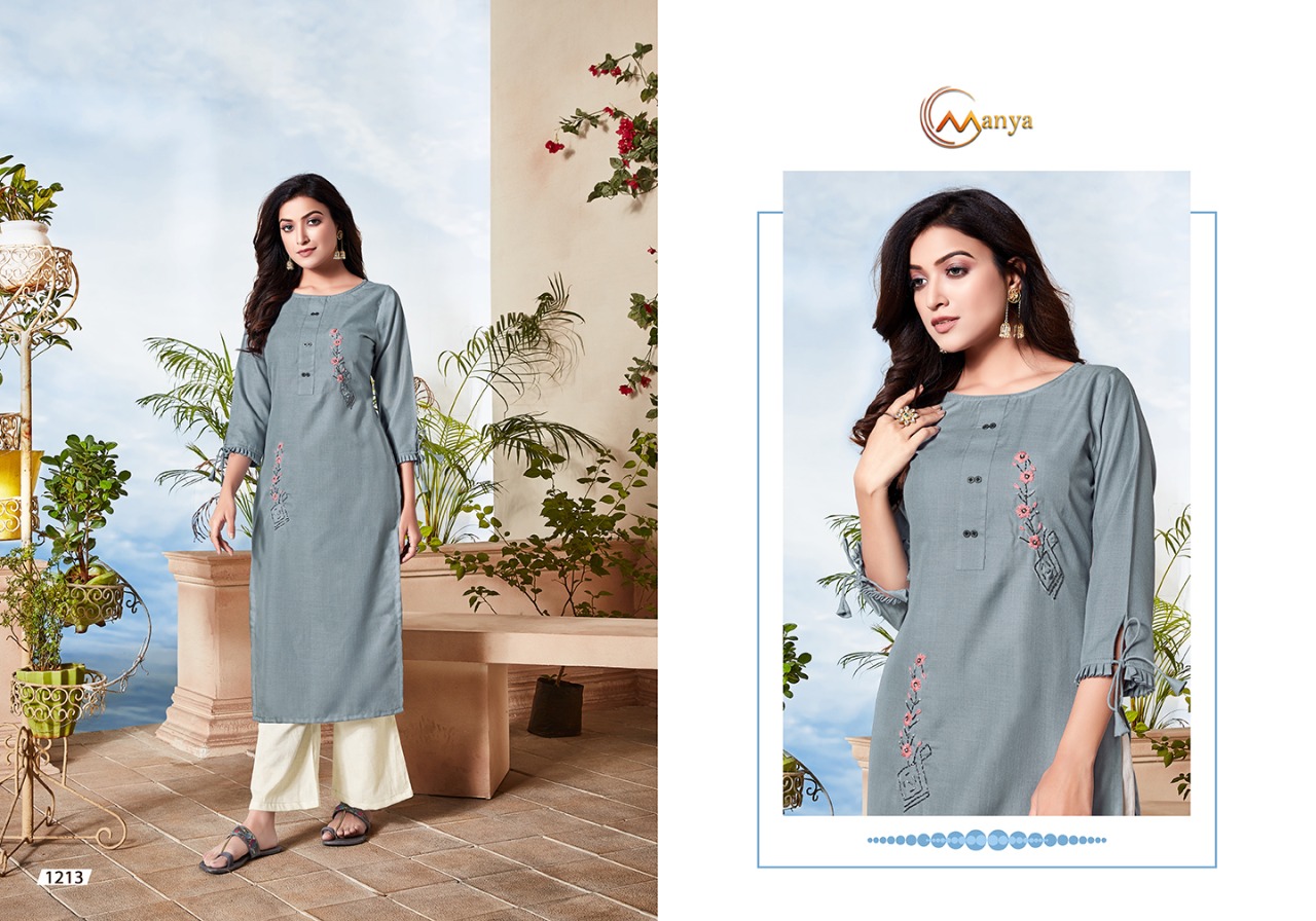 Manya Launch Classic Cotton Slubby Embroidery Work Kurti At Affordable Price