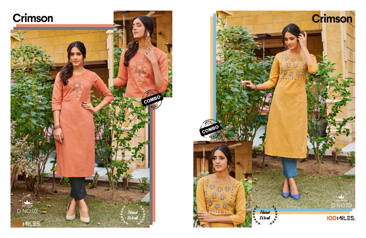 100 Miles Crimson Handwork Cotton Kurti With Combo Pants Wholesaler In Surat Market