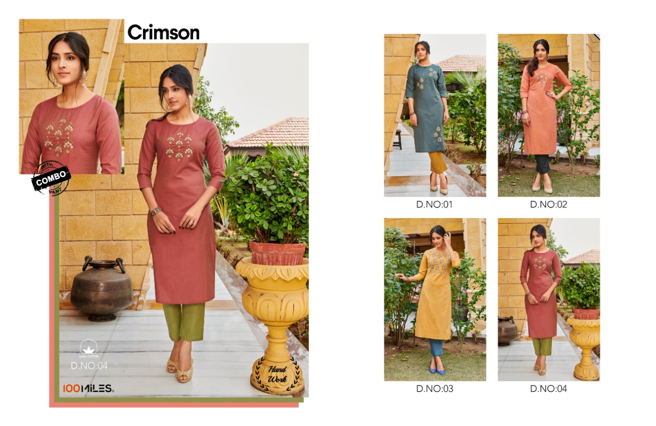 100 Miles Crimson Handwork Cotton Kurti With Combo Pants Wholesaler In Surat Market