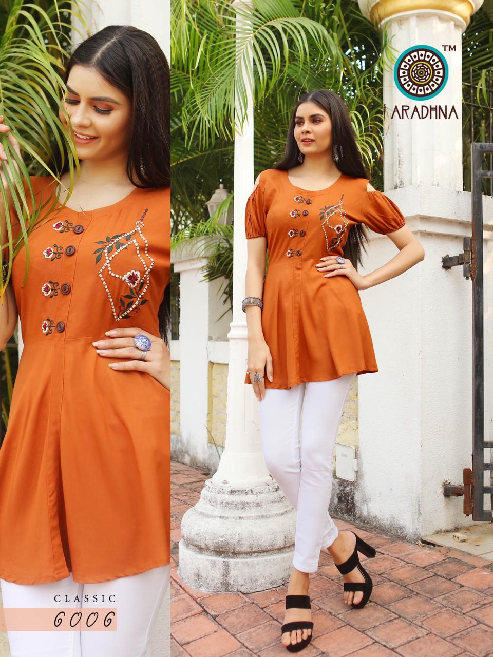 Aradhna Launch Classic Vol 6 Heavy Rayon Embroidery Westerns Short Tops For Girls