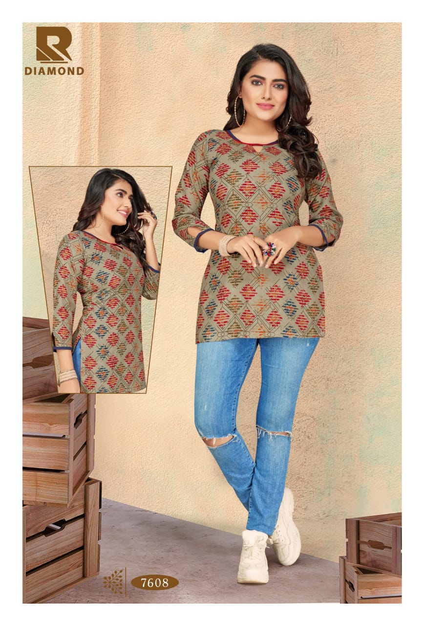 Diamond By Raashi Rayon Prints Stylish Short Kurties Collections In Surat Textile Market
