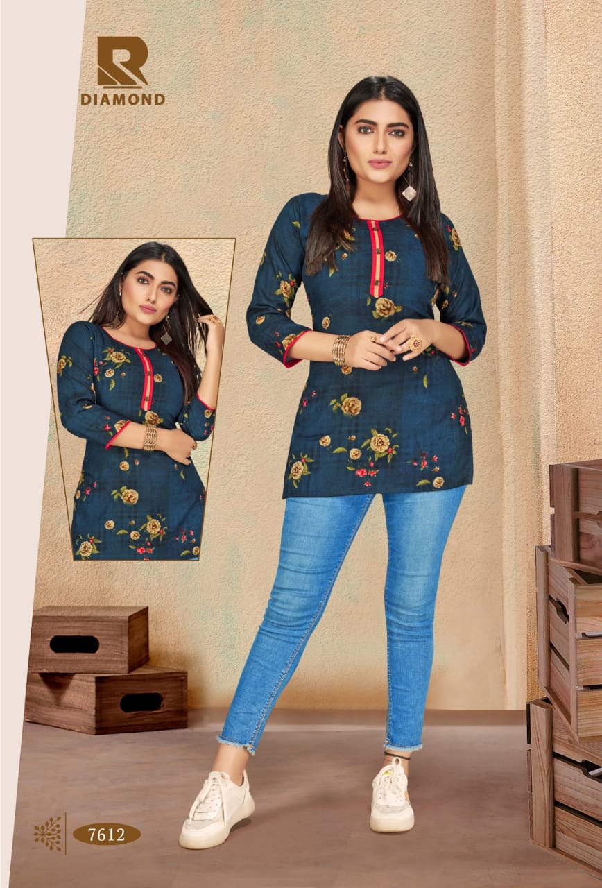 Diamond By Raashi Rayon Prints Stylish Short Kurties Collections In Surat Textile Market