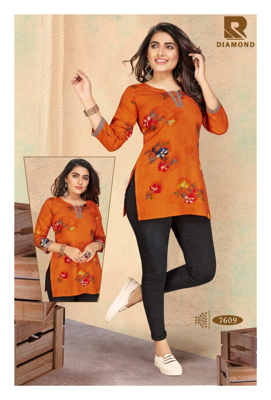 Diamond By Raashi Rayon Prints Stylish Short Kurties Collections In Surat Textile Market