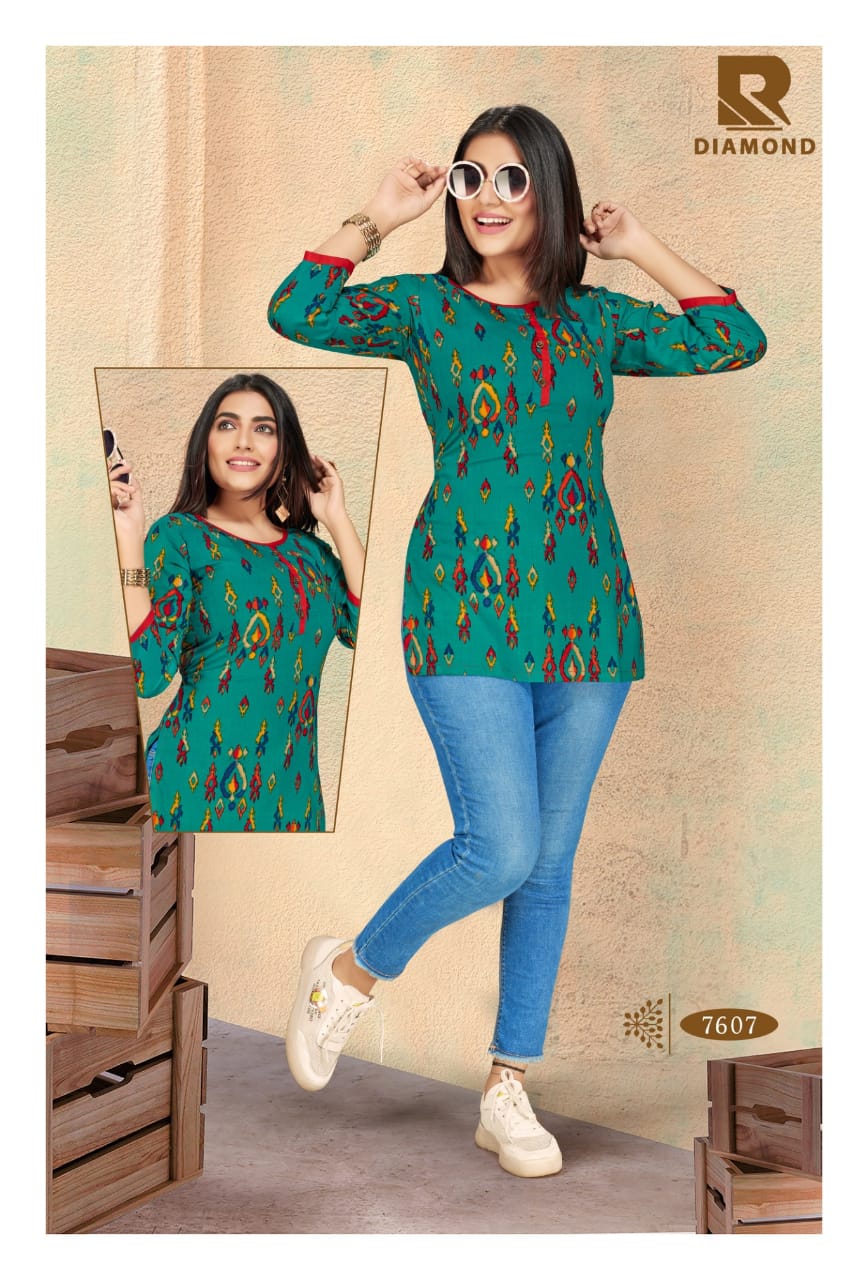 Diamond By Raashi Rayon Prints Stylish Short Kurties Collections In Surat Textile Market