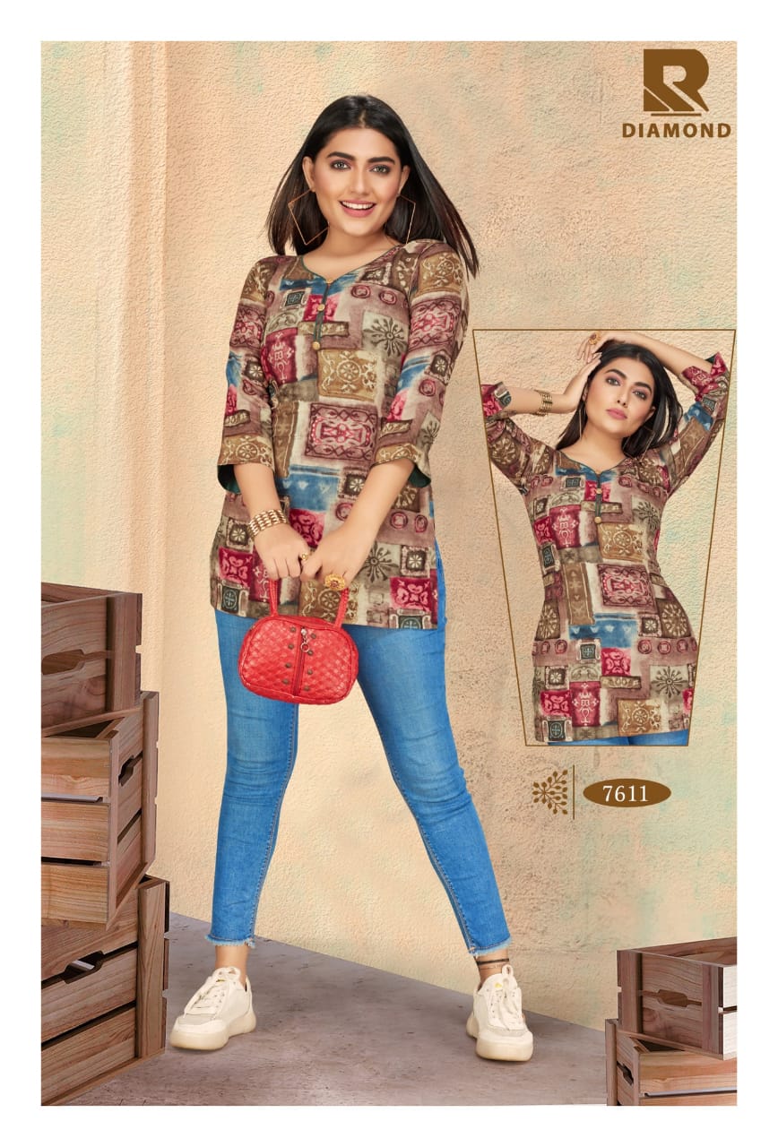 Diamond By Raashi Rayon Prints Stylish Short Kurties Collections In Surat Textile Market