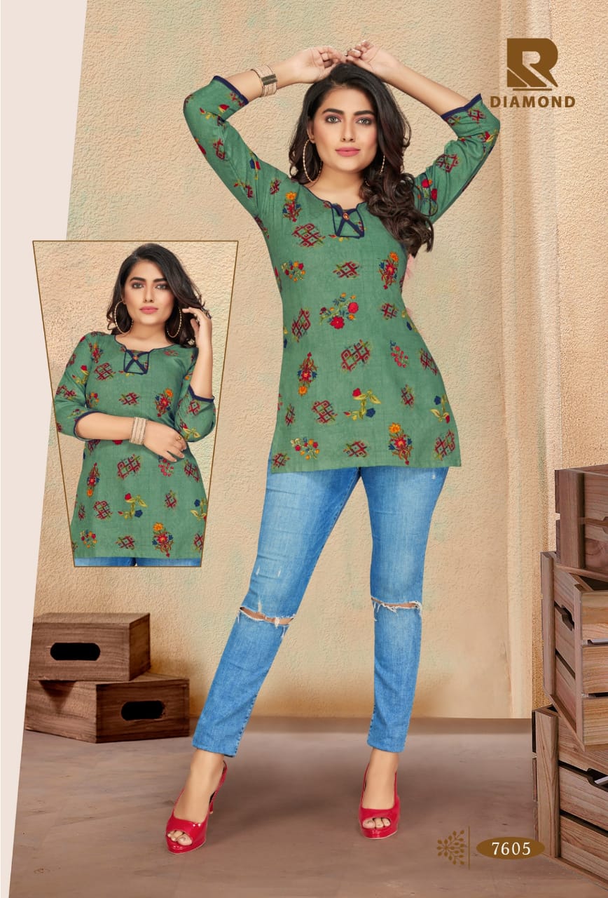 Diamond By Raashi Rayon Prints Stylish Short Kurties Collections In Surat Textile Market
