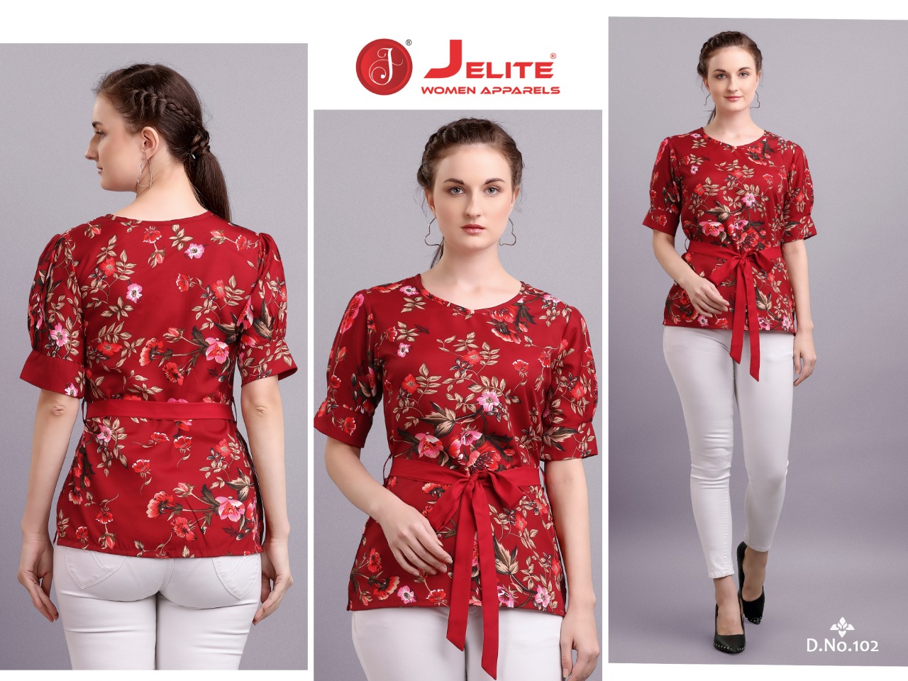 Jelite Launch Tulip Latest Polyester Crape Fashionable Short Tops For Girls Collections