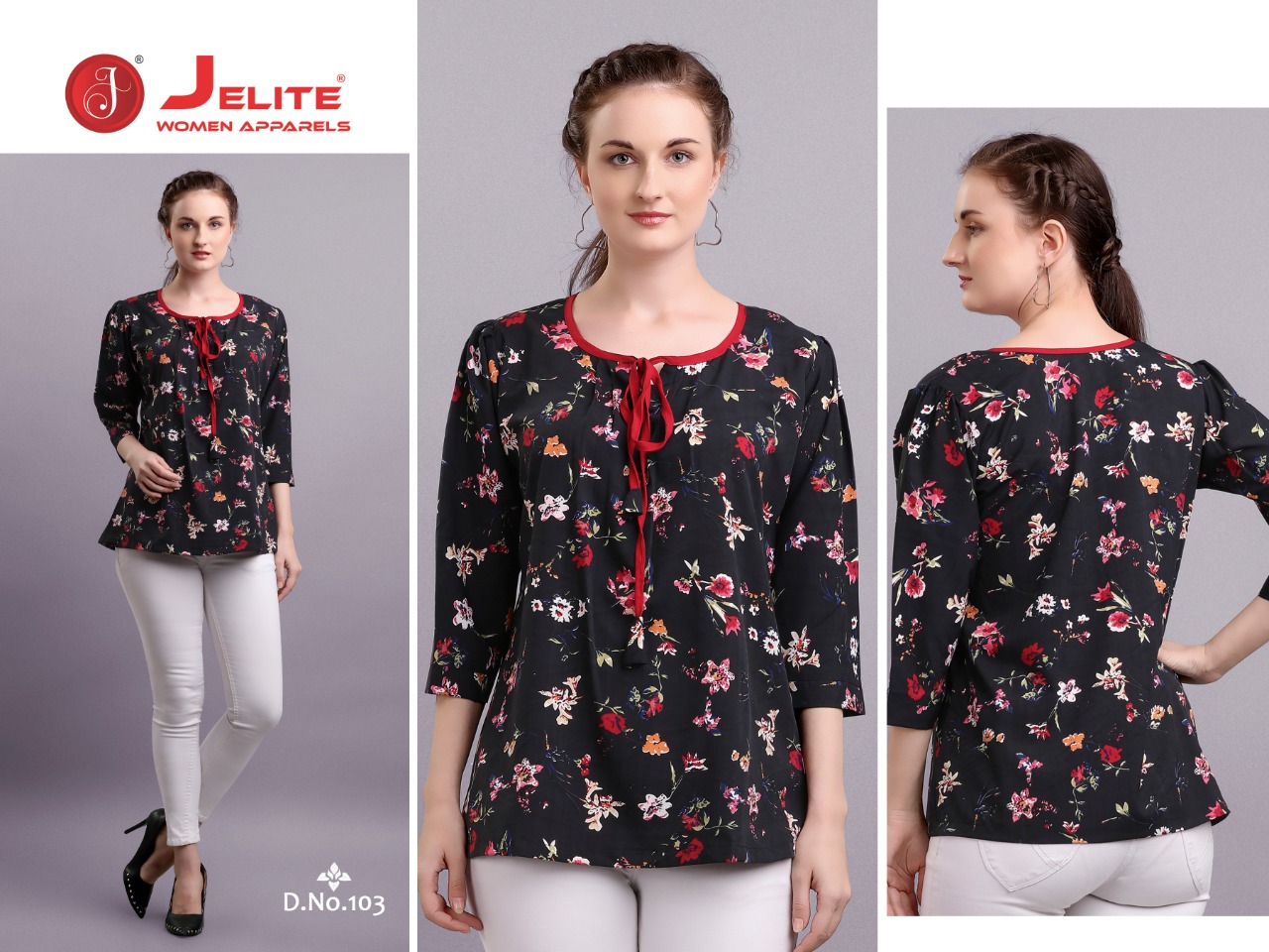 Jelite Launch Tulip Latest Polyester Crape Fashionable Short Tops For Girls Collections
