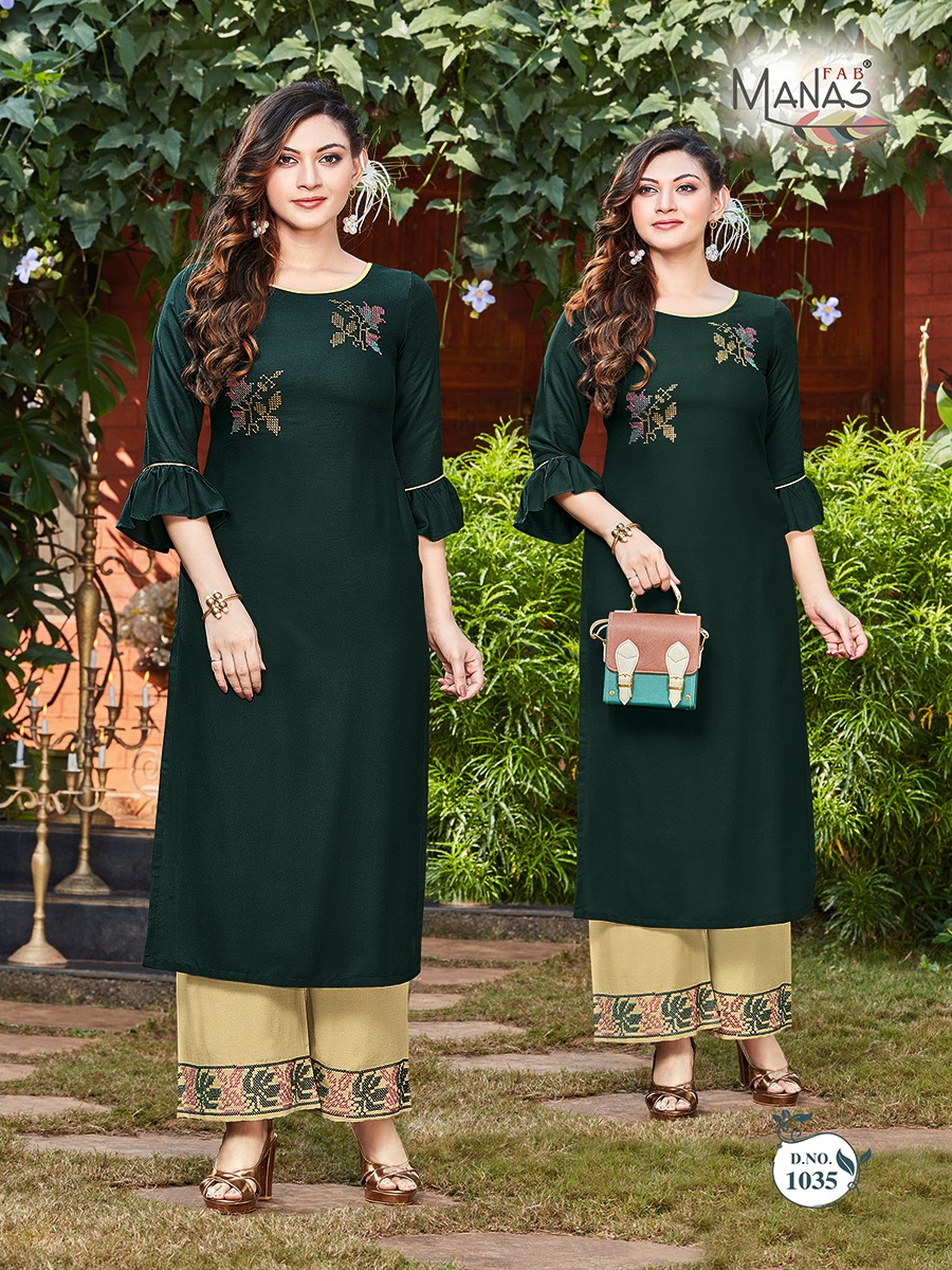Manas Fab Launch Anishka Vol 5 Rayon Embroidery Work Kurti With Bottom Catalogs
