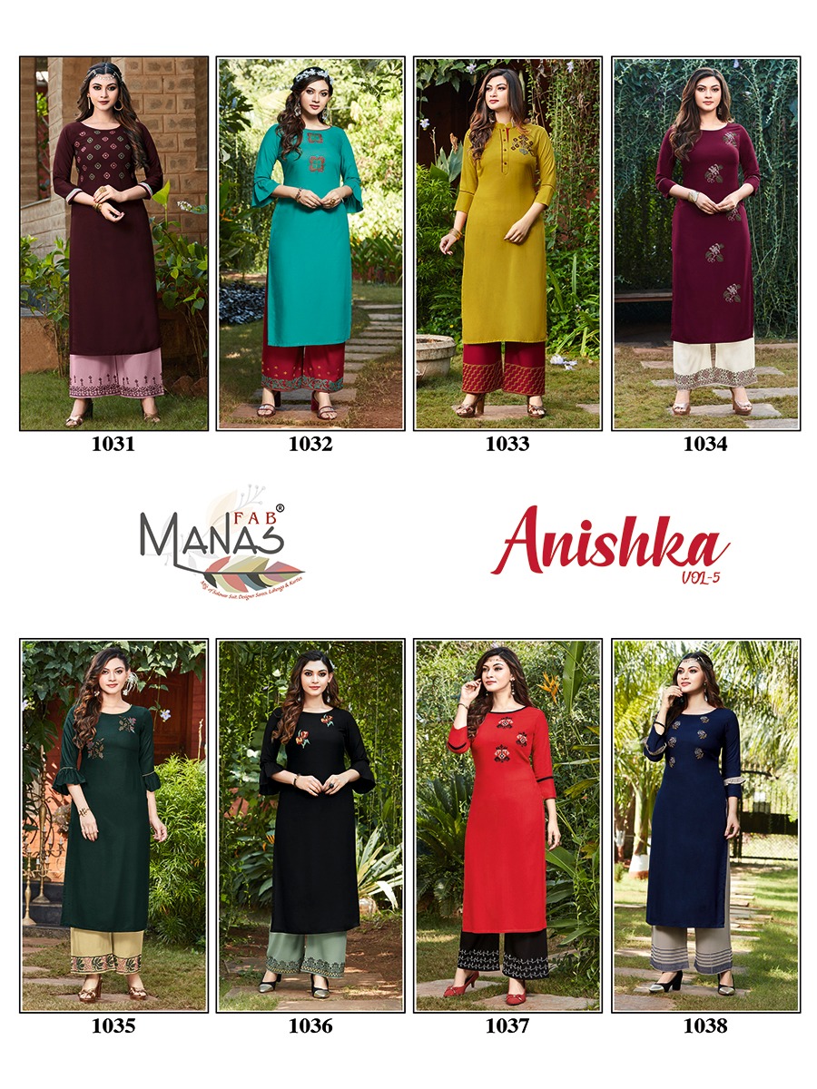 Manas Fab Launch Anishka Vol 5 Rayon Embroidery Work Kurti With Bottom Catalogs