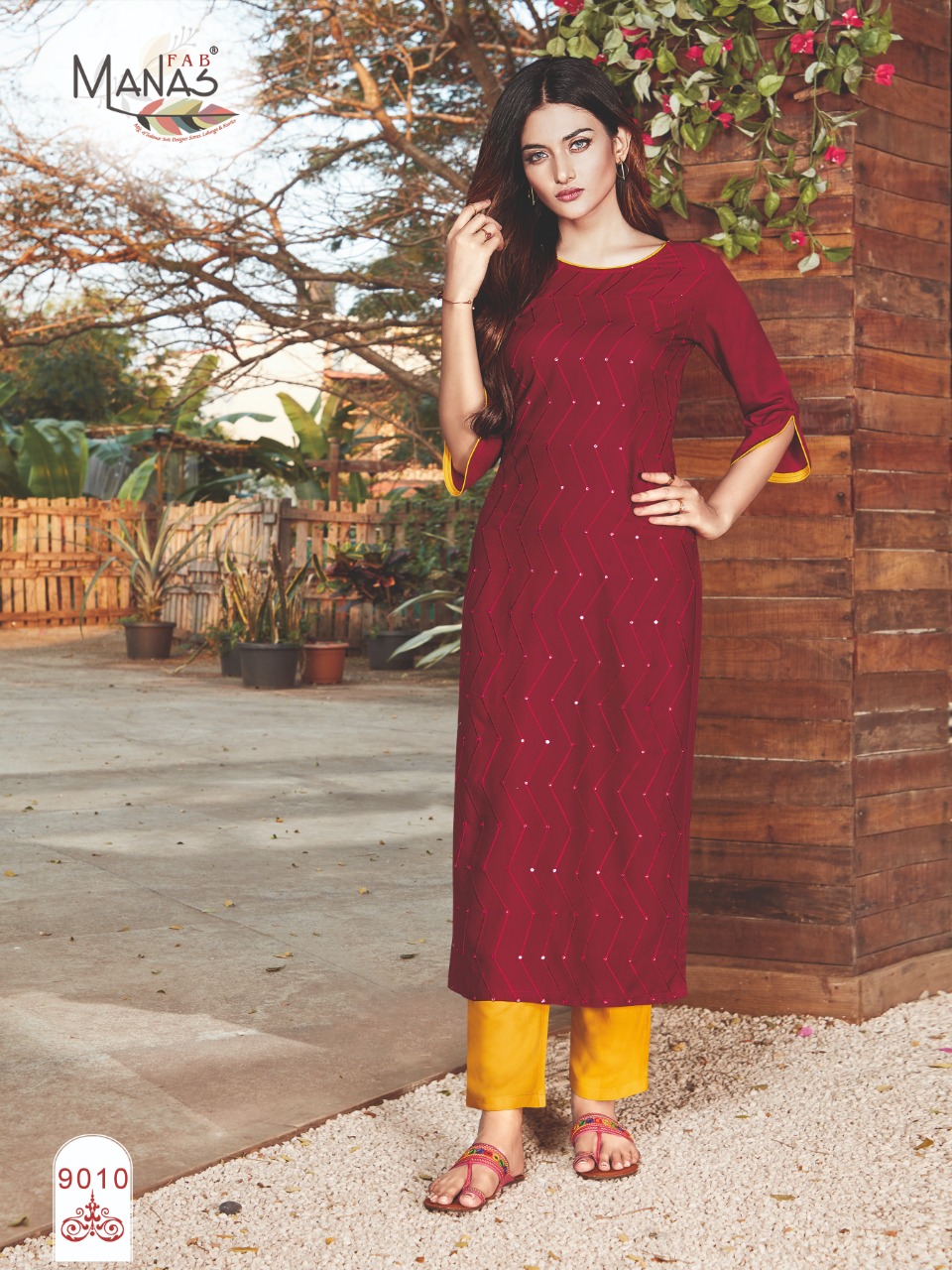 Manas Fab Launch Sequence Rayon Embroidery Work Casual Wear Kurti Catalogs Exporter