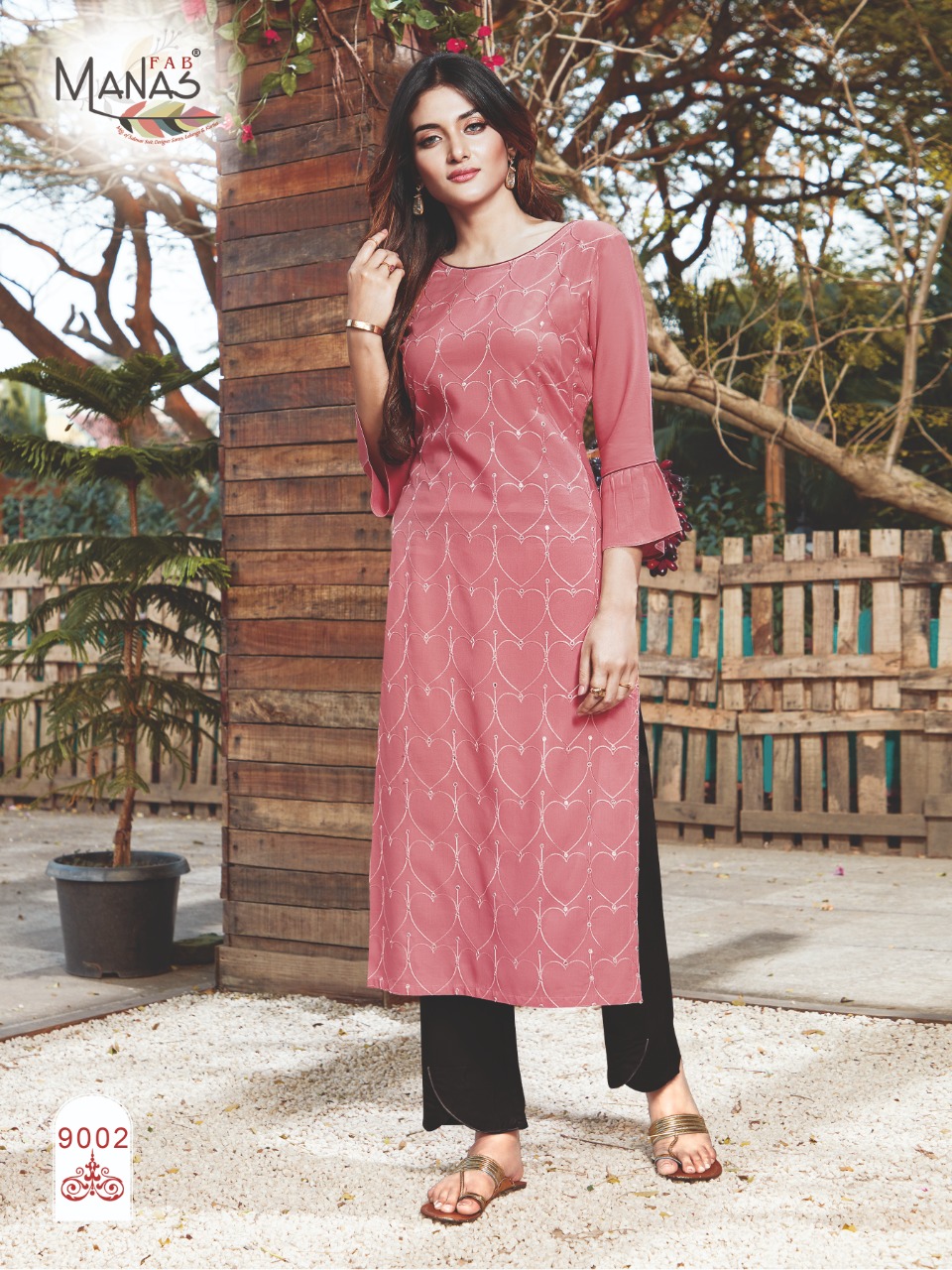 Manas Fab Launch Sequence Rayon Embroidery Work Casual Wear Kurti Catalogs Exporter