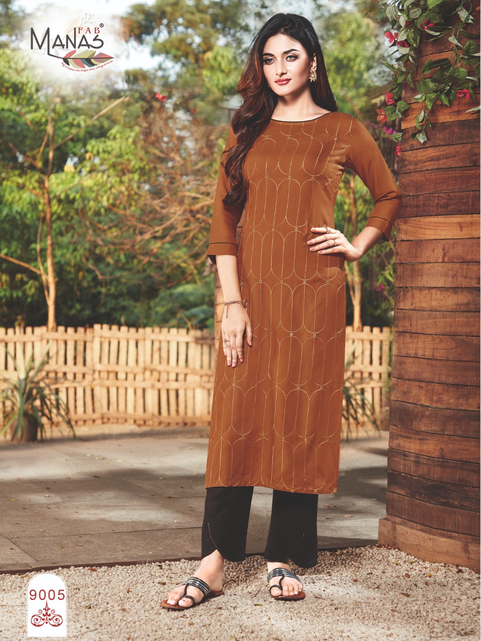 Manas Fab Launch Sequence Rayon Embroidery Work Casual Wear Kurti Catalogs Exporter