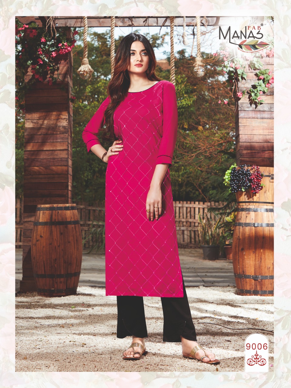 Manas Fab Launch Sequence Rayon Embroidery Work Casual Wear Kurti Catalogs Exporter