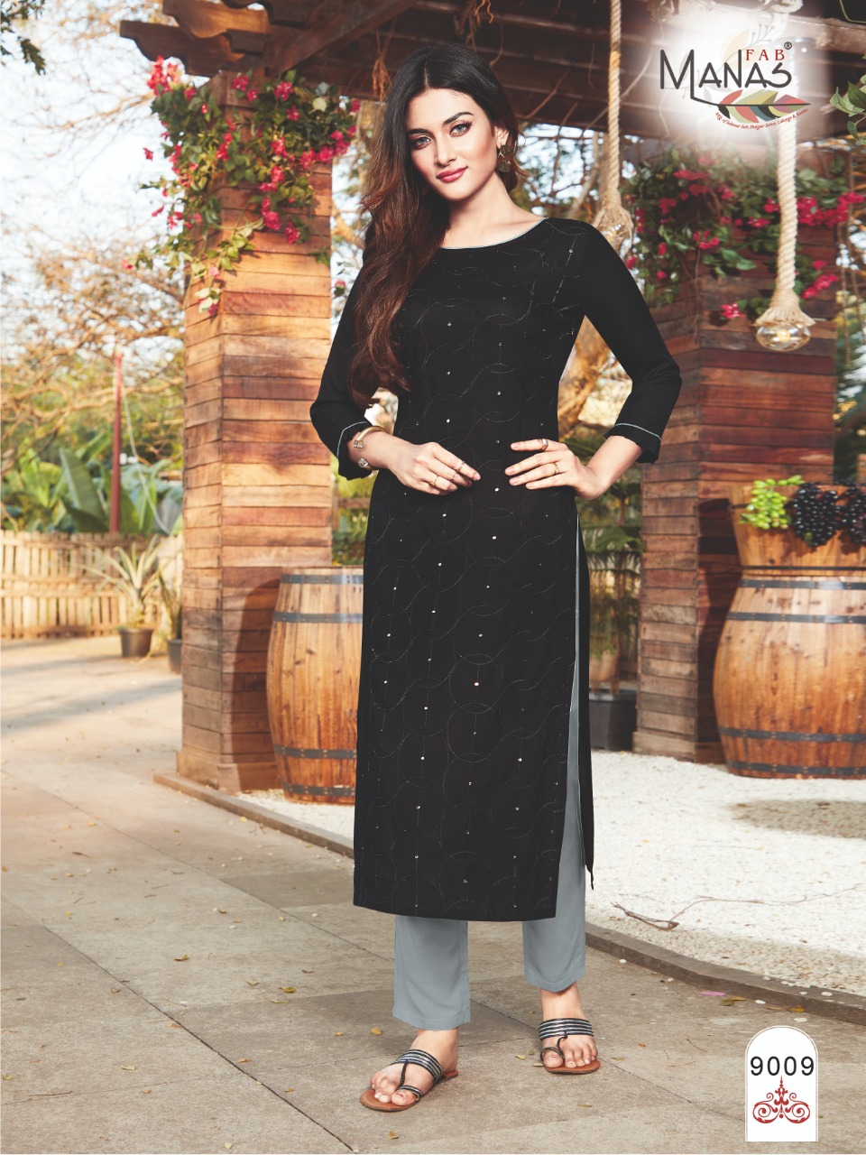 Manas Fab Launch Sequence Rayon Embroidery Work Casual Wear Kurti Catalogs Exporter