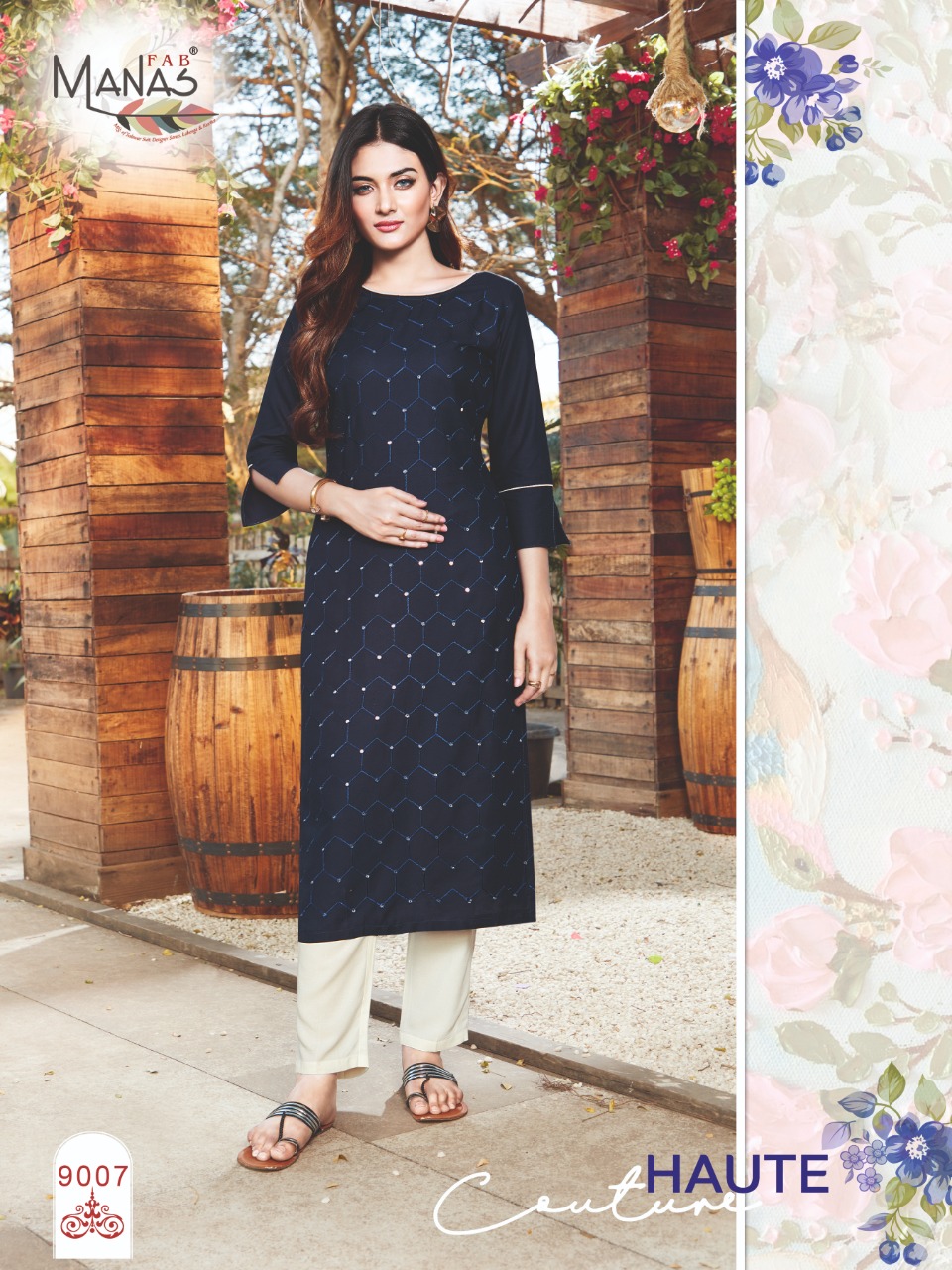 Manas Fab Launch Sequence Rayon Embroidery Work Casual Wear Kurti Catalogs Exporter