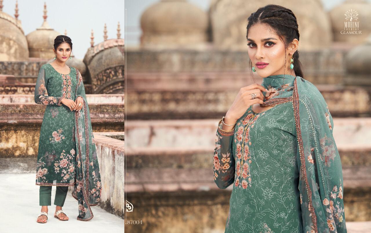 Mohini Fashion Presents Glamour Vol 87 Georgette Embroidery Work Digital Print Suits