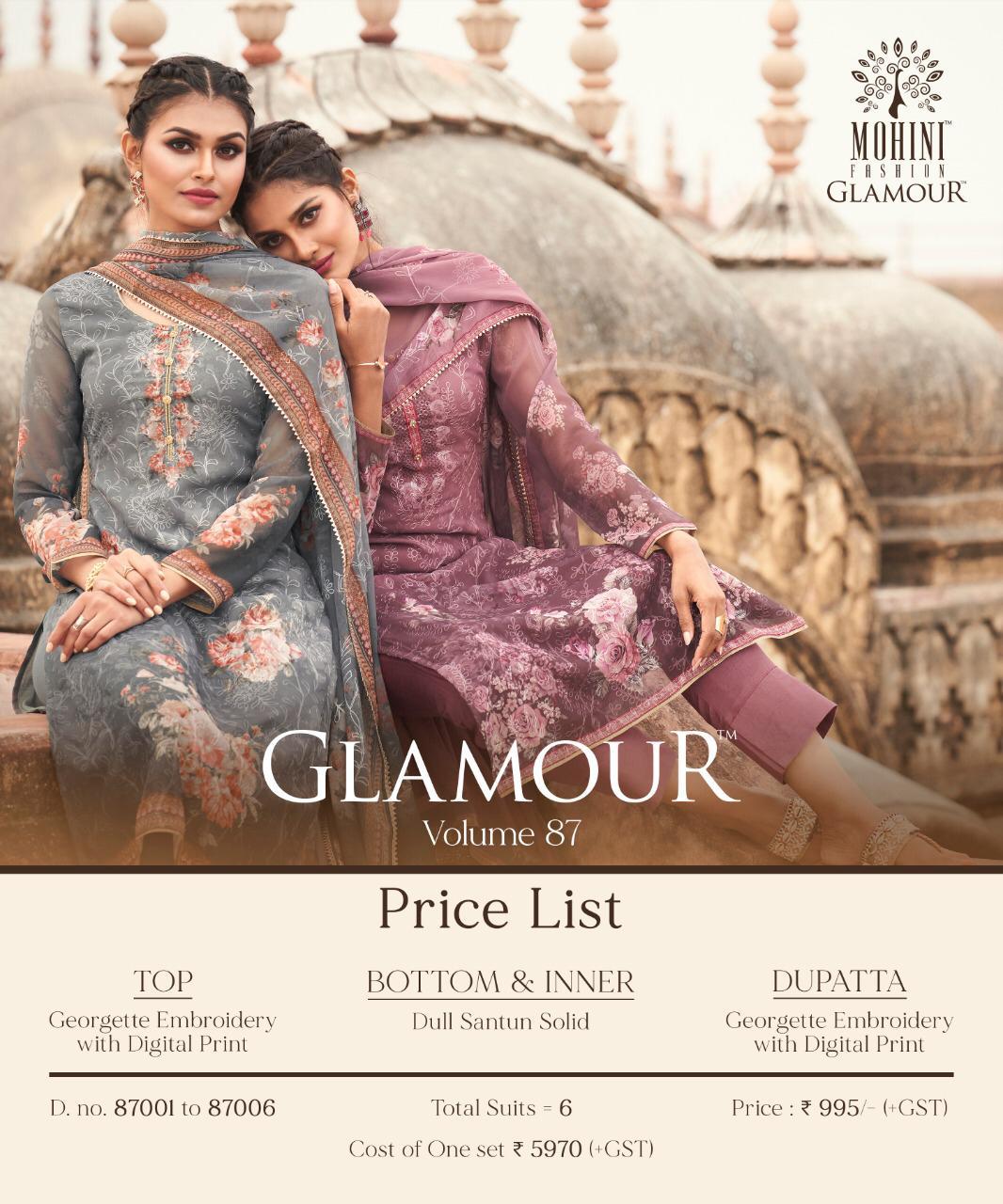 Mohini Fashion Presents Glamour Vol 87 Georgette Embroidery Work Digital Print Suits