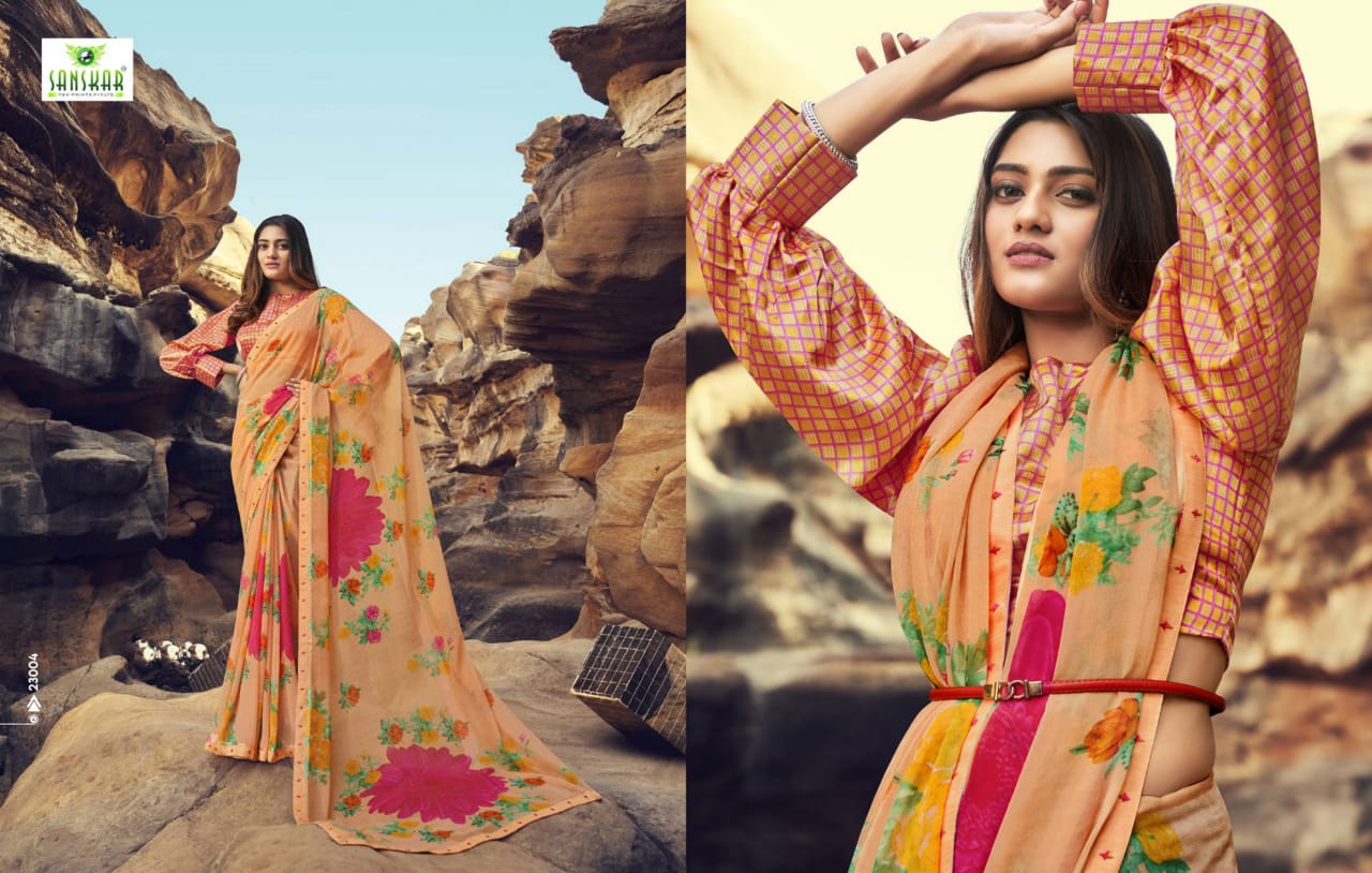 Sanskar Tex Prints Once More Casual Wear Exclusive Printed Georgette Fancy Border Saree