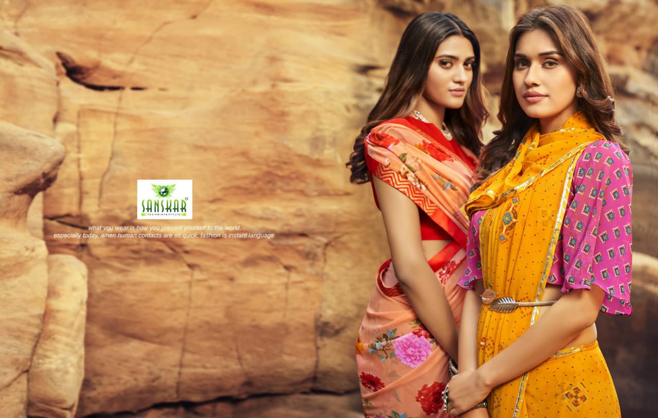 Sanskar Tex Prints Once More Casual Wear Exclusive Printed Georgette Fancy Border Saree