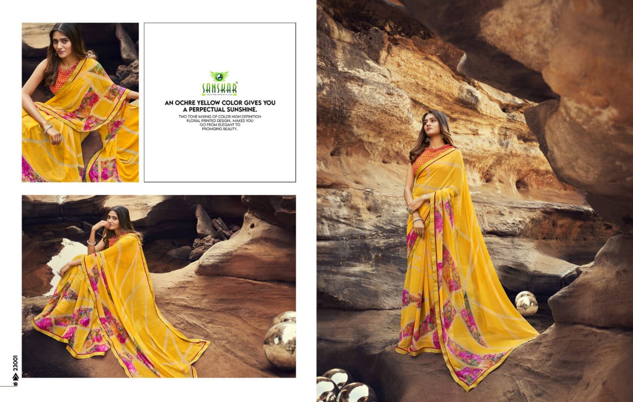 Sanskar Tex Prints Once More Casual Wear Exclusive Printed Georgette Fancy Border Saree
