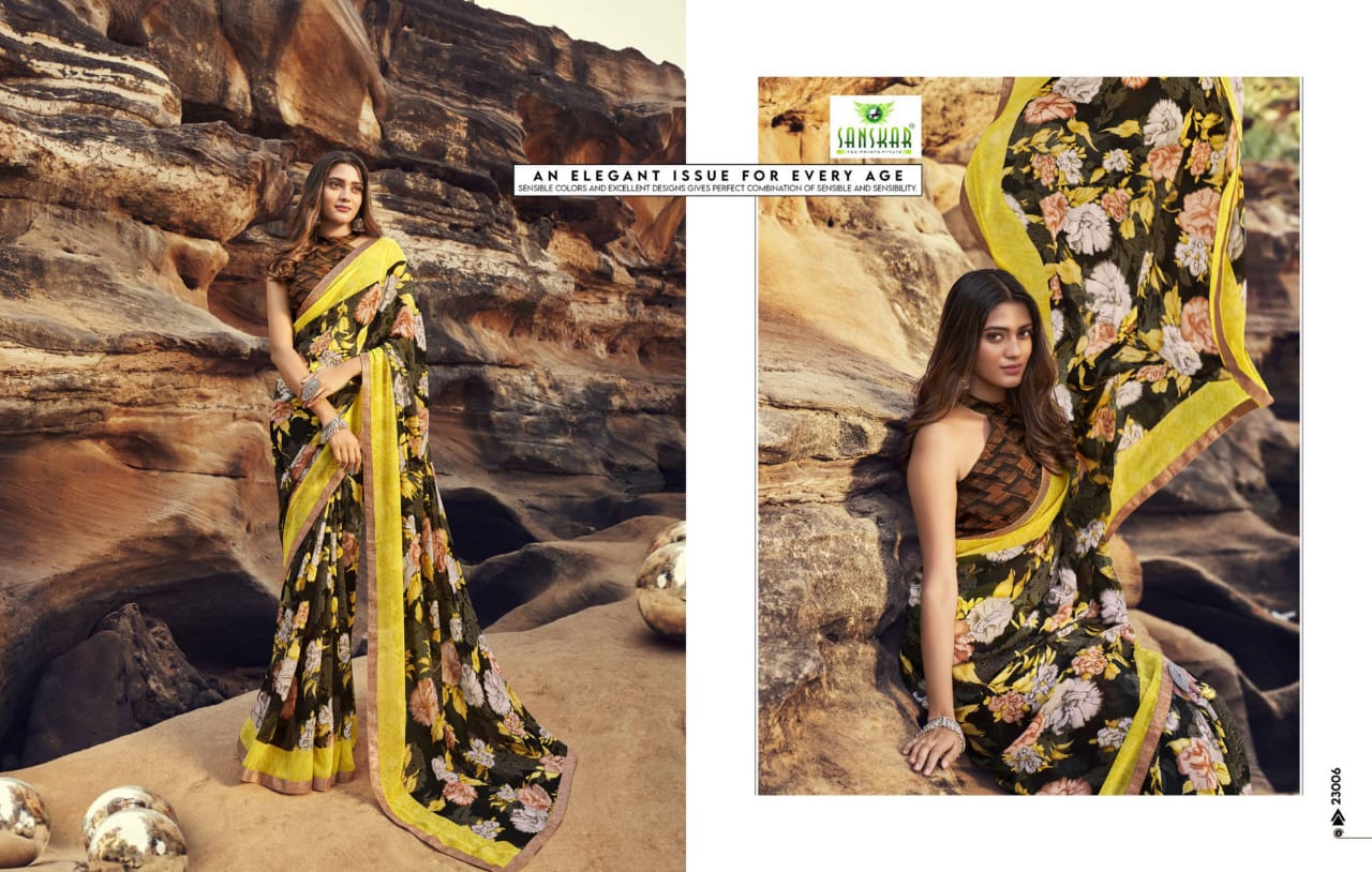 Sanskar Tex Prints Once More Casual Wear Exclusive Printed Georgette Fancy Border Saree