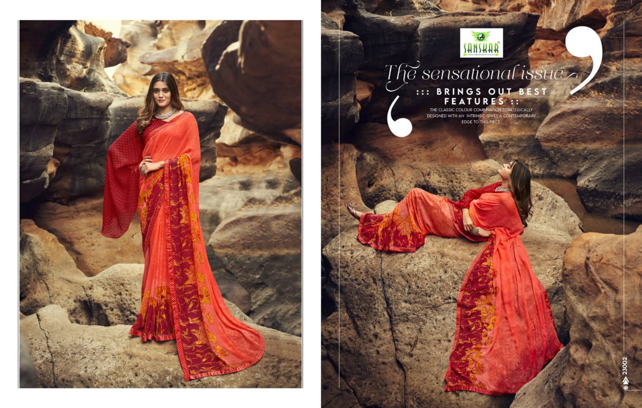 Sanskar Tex Prints Once More Casual Wear Exclusive Printed Georgette Fancy Border Saree