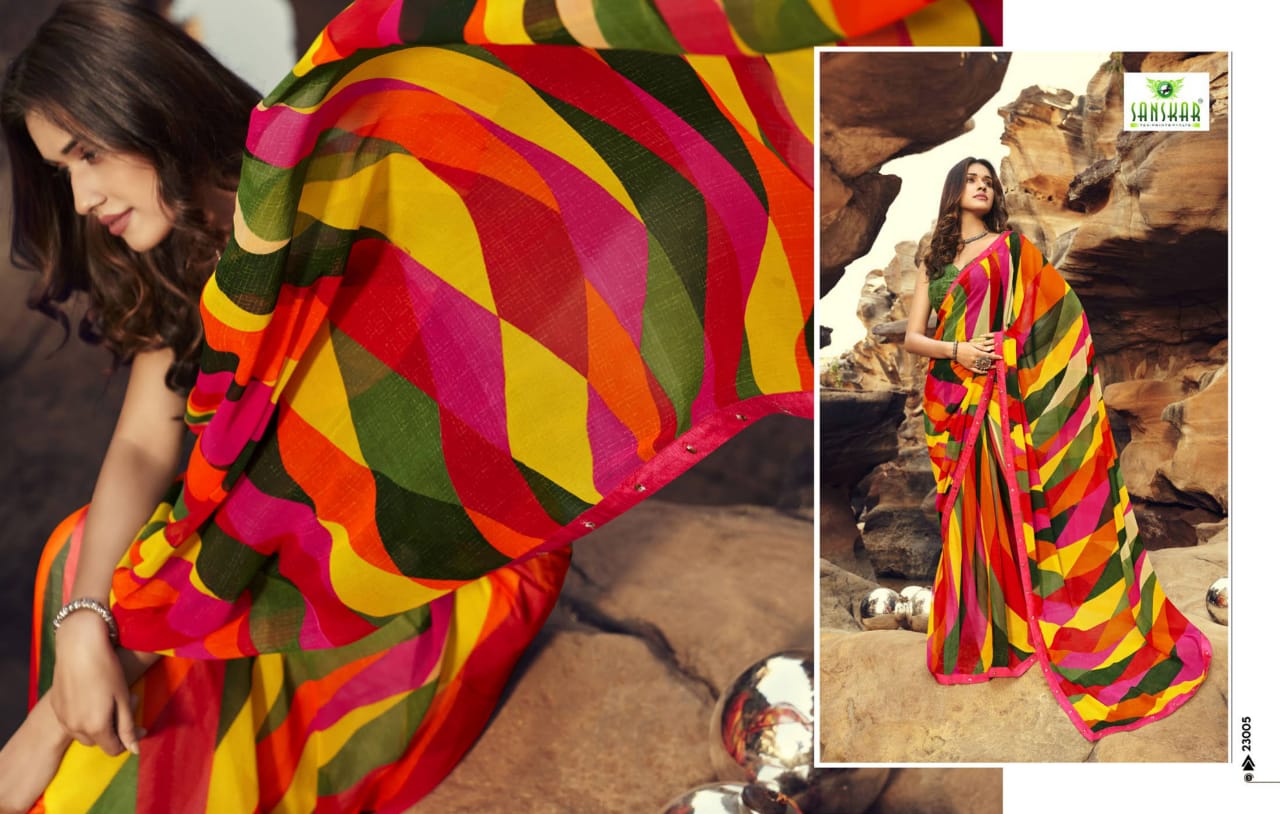 Sanskar Tex Prints Once More Casual Wear Exclusive Printed Georgette Fancy Border Saree