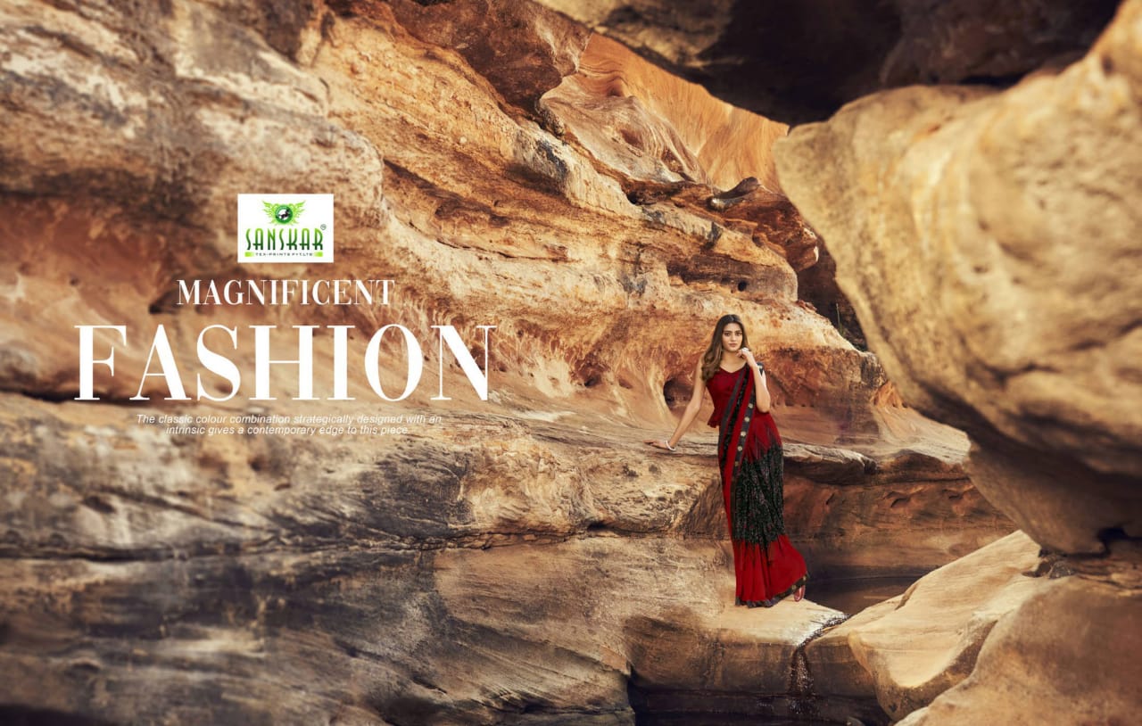 Sanskar Tex Prints Once More Casual Wear Exclusive Printed Georgette Fancy Border Saree